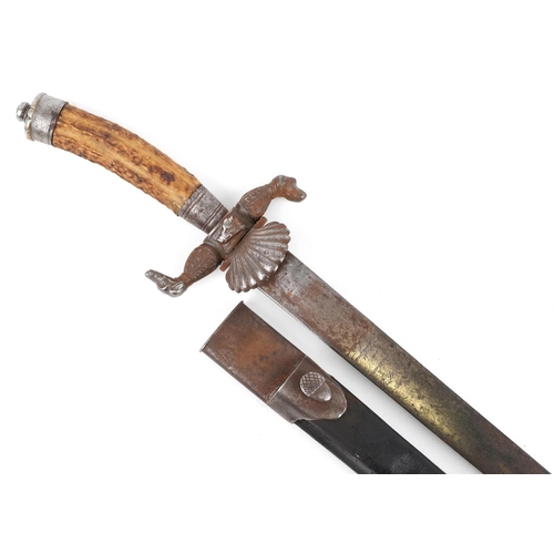 1816 - German military interest hunting knife with leather scabbard, staghorn handle and steel blade having... 