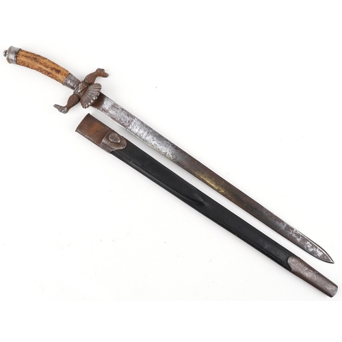 1816 - German military interest hunting knife with leather scabbard, staghorn handle and steel blade having... 