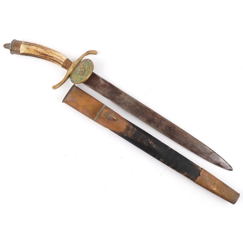 1819 - German military interest cutlass with leather scabbard, staghorn handle and steel blade impressed We... 