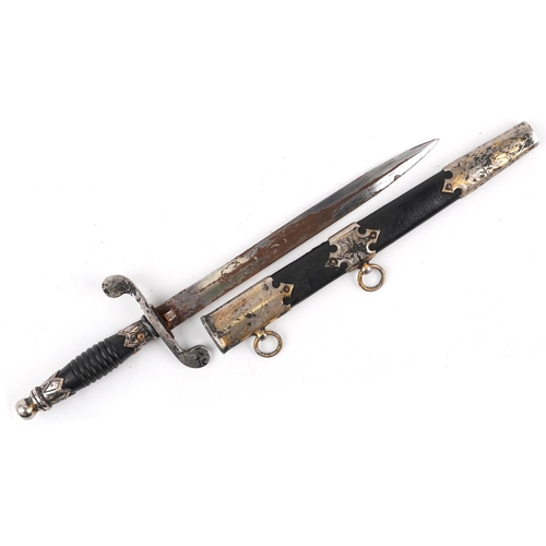 1824 - European naval interest dirk with scabbard having partially gilt white metal mounts engraved with a ... 