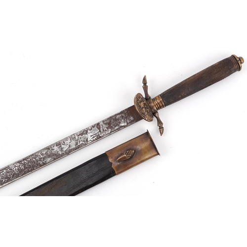 1817 - German military interest hunting dagger with leather scabbard, hardwood handle and steel blade engra... 