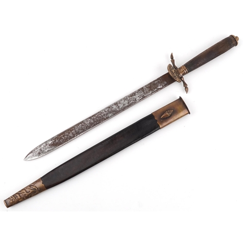 1817 - German military interest hunting dagger with leather scabbard, hardwood handle and steel blade engra... 