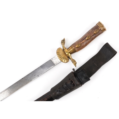 1815 - German military interest hunting knife with leather scabbard, staghorn handle and steel blade having... 