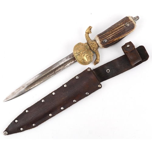 1821 - German military interest hunting knife with leather sheath, staghorn handle and steel blade having i... 