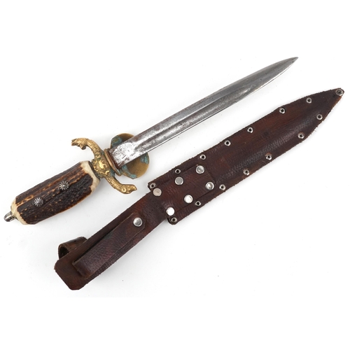 1821 - German military interest hunting knife with leather sheath, staghorn handle and steel blade having i... 