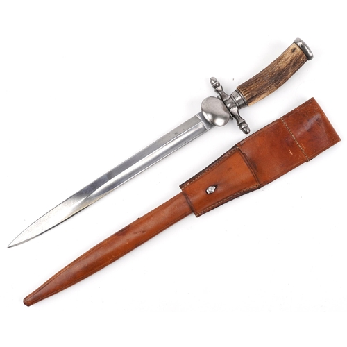 1818 - German military interest hunting knife with leather scabbard, staghorn handle and steel blade impres... 