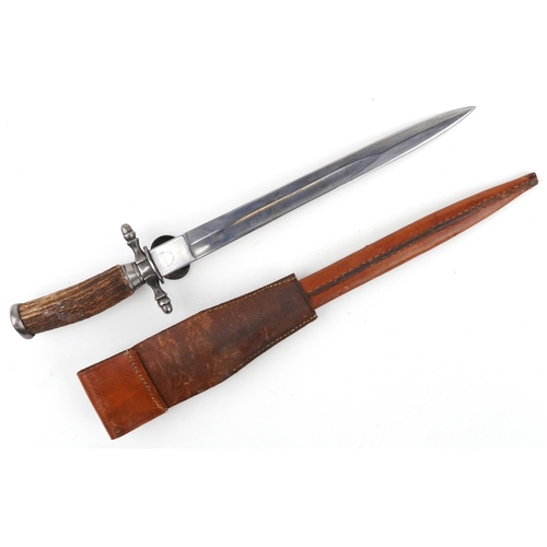 1818 - German military interest hunting knife with leather scabbard, staghorn handle and steel blade impres... 