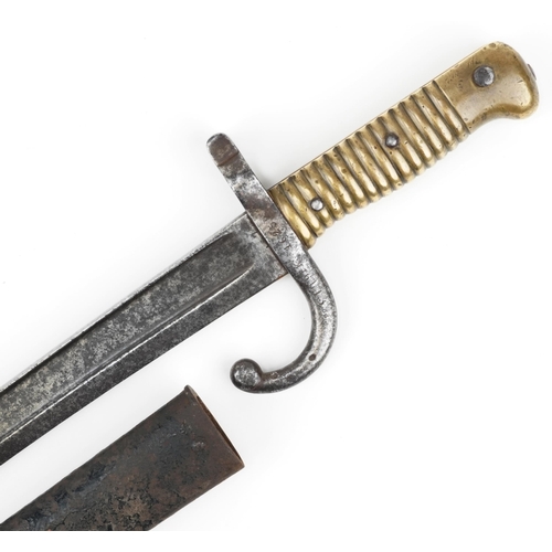 1800 - French military interest bayonet with scabbard and steel blade, 71cm in length