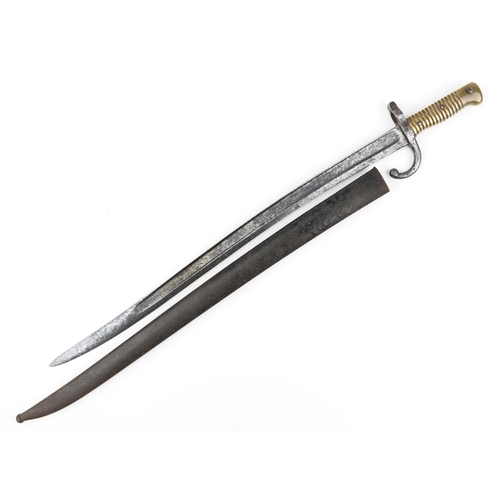 1800 - French military interest bayonet with scabbard and steel blade, 71cm in length