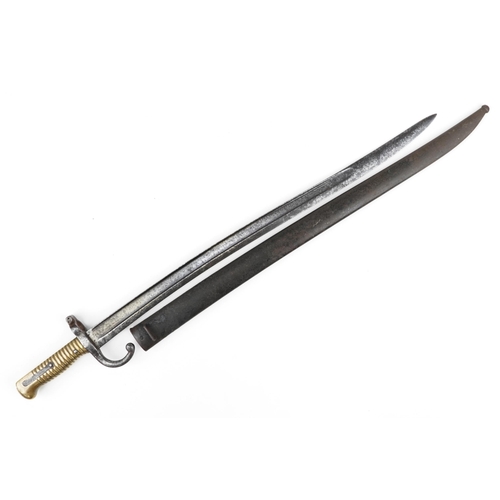 1800 - French military interest bayonet with scabbard and steel blade, 71cm in length