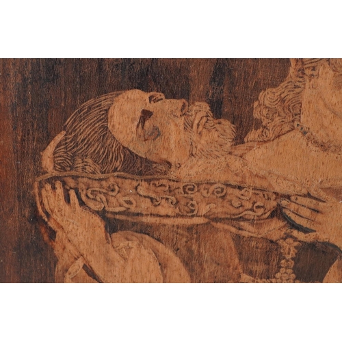 315 - Religious antique carved wood panel the beheading of St John The Baptist, 21.5cm x 16cm