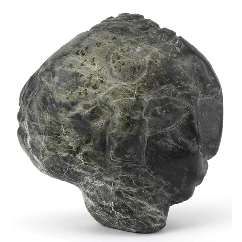 541 - Large natural history and geology interest serpentine specimen carved with three faces, 20cm high