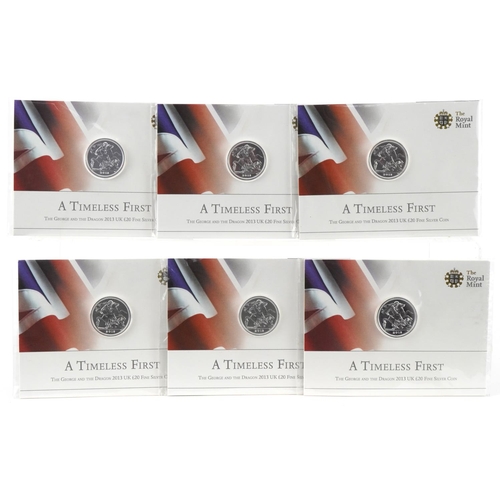 630 - Six Elizabeth II 2013 A Timeless First George & the Dragon twenty pound fine silver coins by The Roy... 