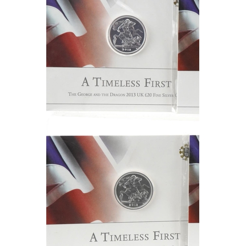 630 - Six Elizabeth II 2013 A Timeless First George & the Dragon twenty pound fine silver coins by The Roy... 