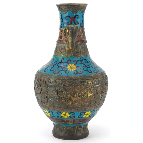 183 - Chinese patinated bronze and cloisonne vase with elephant head handles enamelled with bands of flowe... 