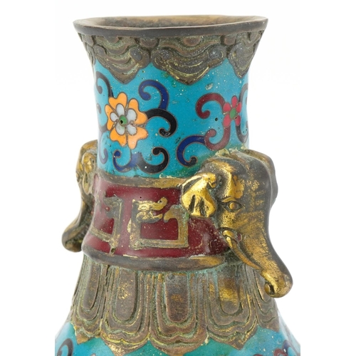 183 - Chinese patinated bronze and cloisonne vase with elephant head handles enamelled with bands of flowe... 