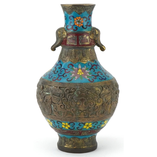 183 - Chinese patinated bronze and cloisonne vase with elephant head handles enamelled with bands of flowe... 