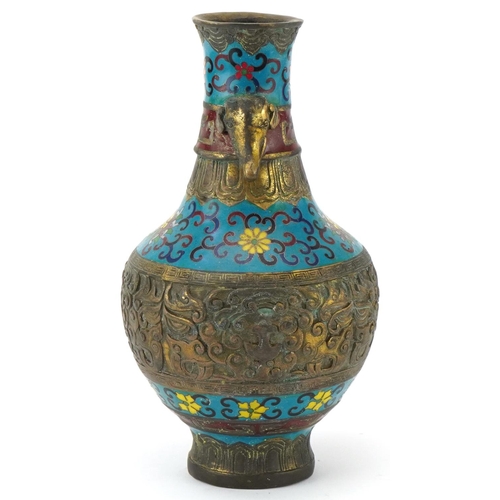 183 - Chinese patinated bronze and cloisonne vase with elephant head handles enamelled with bands of flowe... 