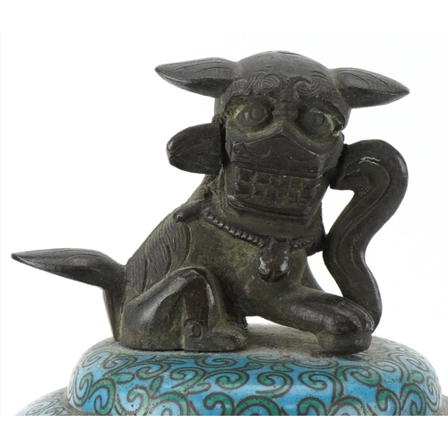 182 - Chinese patinated bronze tripod censer with pierced cover and qilin knop, profusely enamelled with f... 