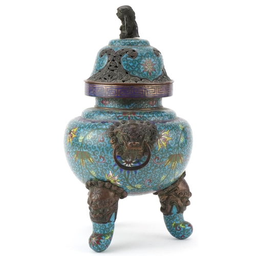 182 - Chinese patinated bronze tripod censer with pierced cover and qilin knop, profusely enamelled with f... 