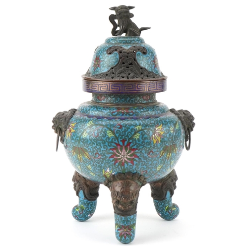 182 - Chinese patinated bronze tripod censer with pierced cover and qilin knop, profusely enamelled with f... 