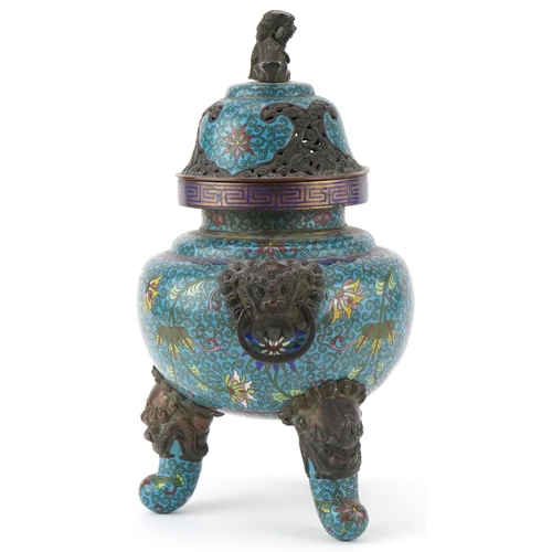 182 - Chinese patinated bronze tripod censer with pierced cover and qilin knop, profusely enamelled with f... 