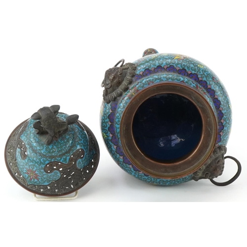 182 - Chinese patinated bronze tripod censer with pierced cover and qilin knop, profusely enamelled with f... 