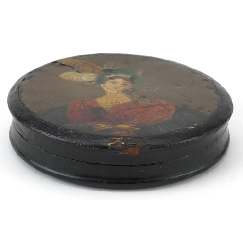 1426 - 18th century papier mache snuff box hand painted with a portrait of a female wearing a feathered hat... 