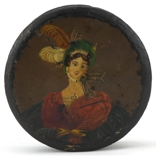 1426 - 18th century papier mache snuff box hand painted with a portrait of a female wearing a feathered hat... 