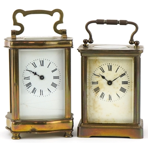 422 - French brass serpentine fronted carriage clock with enamelled dial together with another brass carri... 