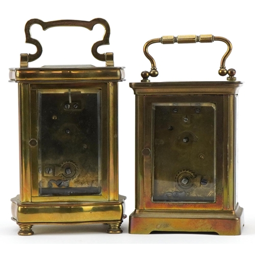 422 - French brass serpentine fronted carriage clock with enamelled dial together with another brass carri... 