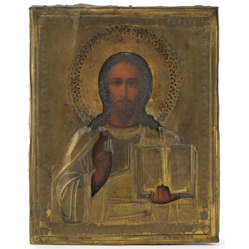 312 - Victorian hand painted wooden religious icon with brass mounts, 22cm x 17cm