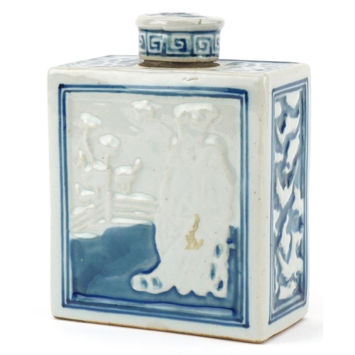 213 - Chinese porcelain tea caddy hand painted with flowers, embossed with figures, 15cm high