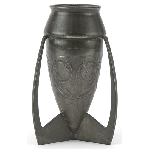 224 - Archibald Knox Liberty design pewter vase decorated with flowers, impressed number O226, English Pew... 