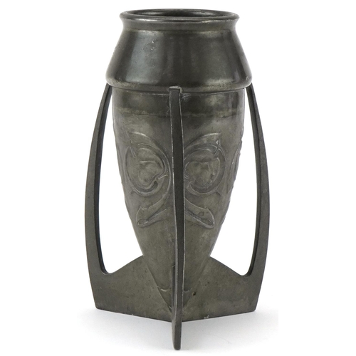 224 - Archibald Knox Liberty design pewter vase decorated with flowers, impressed number O226, English Pew... 