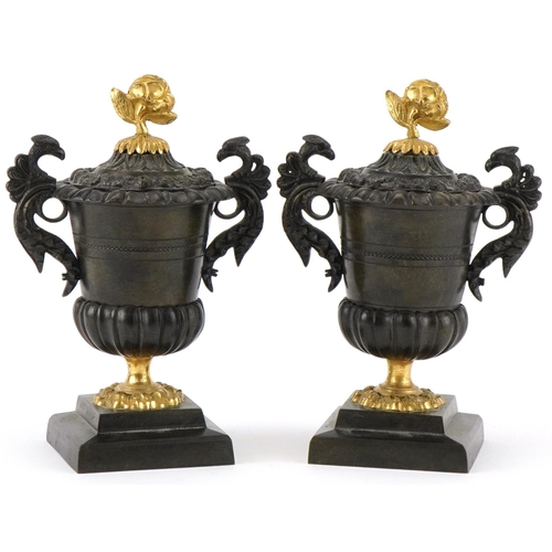 20 - Pair of Victorian Neo-Classical lidded bronze urns with bird design handles and ormolu rose design k... 