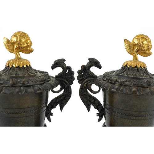 20 - Pair of Victorian Neo-Classical lidded bronze urns with bird design handles and ormolu rose design k... 