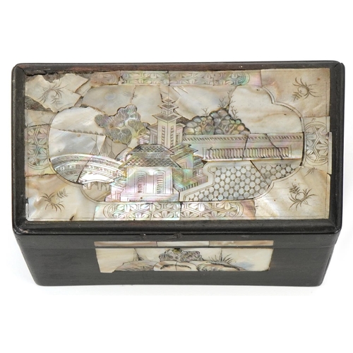 316 - Ebony mother of pearl inlaid box decorated with panels of leaves, the top decorated with a panel of ... 