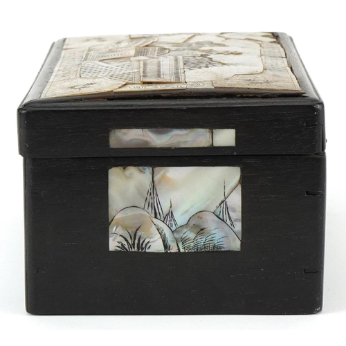 316 - Ebony mother of pearl inlaid box decorated with panels of leaves, the top decorated with a panel of ... 