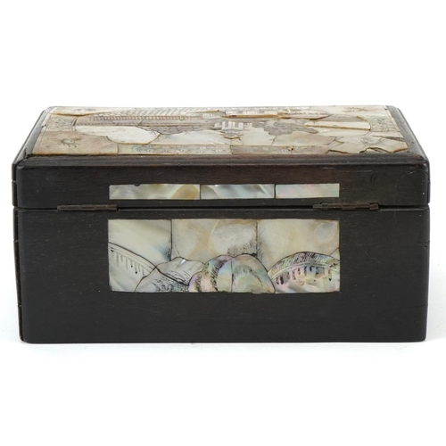 316 - Ebony mother of pearl inlaid box decorated with panels of leaves, the top decorated with a panel of ... 