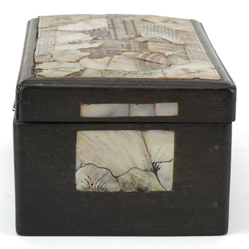 316 - Ebony mother of pearl inlaid box decorated with panels of leaves, the top decorated with a panel of ... 