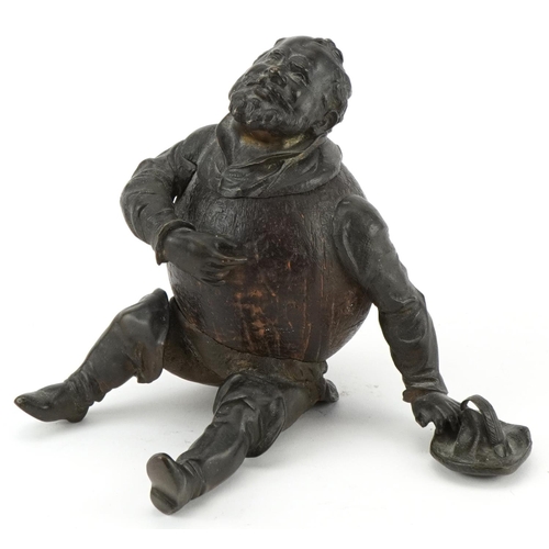 Victorian theatrical interest bronze and carved wood inkwell of Falstaff with appreciation plaque for F J Waggs The Chimney Corner, Theatre Royal Brighton, February 24th 1886 from Herbert J Leigh Bennett, 15cm high