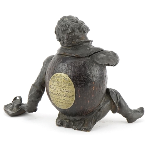 21 - Victorian theatrical interest bronze and carved wood inkwell of Falstaff with appreciation plaque fo... 
