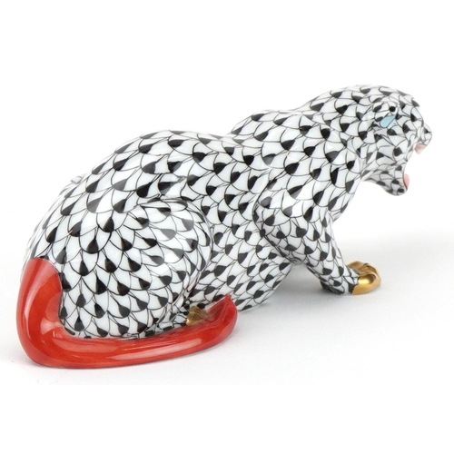 1145 - Herend, Hungarian hand painted fishnet pattern porcelain model of a jaguar, stamp to the base and im... 