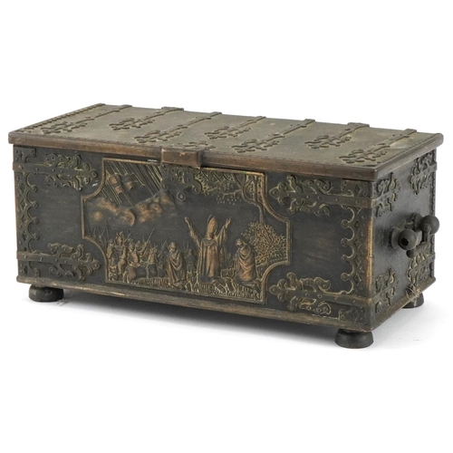 297 - Victorian Gothic bronze casket with religious panel and inscription to the lid, 9cm H x 20cm W x 9cm... 