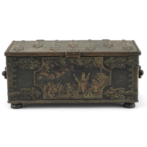 297 - Victorian Gothic bronze casket with religious panel and inscription to the lid, 9cm H x 20cm W x 9cm... 