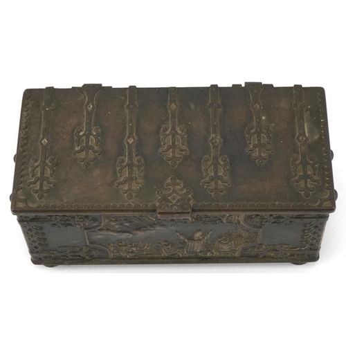 297 - Victorian Gothic bronze casket with religious panel and inscription to the lid, 9cm H x 20cm W x 9cm... 