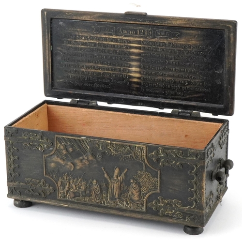 297 - Victorian Gothic bronze casket with religious panel and inscription to the lid, 9cm H x 20cm W x 9cm... 