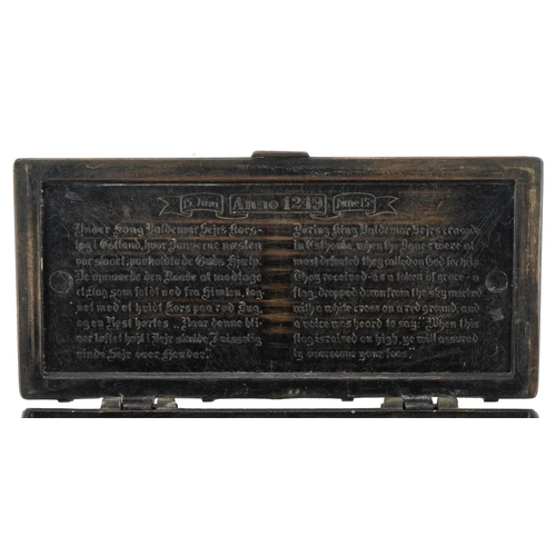 297 - Victorian Gothic bronze casket with religious panel and inscription to the lid, 9cm H x 20cm W x 9cm... 