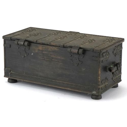 297 - Victorian Gothic bronze casket with religious panel and inscription to the lid, 9cm H x 20cm W x 9cm... 